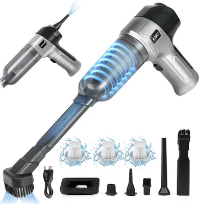 A collage of a handheld vacuum cleaner and its accessories, shown from different angles with visual effects highlighting its function.