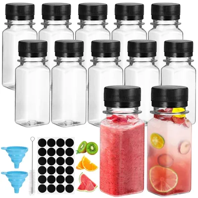 Produktbild von Saftflaschen 12 Stück - 60 ml Wiederverwendbare Flasche - PET Transparent - Schwarzer Deckel - Etiketten und Trichter - Hitzebeständig - Shotflaschen