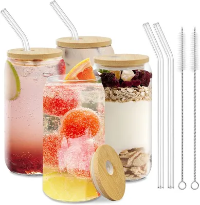 Produktbild von Cocktailgläser mit Deckel und Strohhalm - 4 Stück - 500 ml - Bambus