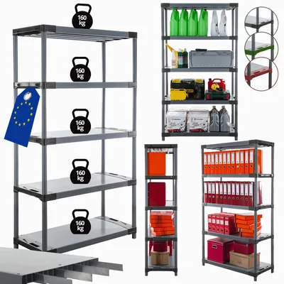 Produktbild von MODO24 Kunststoffregal, 5 Ablagen, 160kg/Boden, Schwerlast, Steckregal, Lagerregal, Plastikregal, Werkstatt, 180x110x46?cm, Grau, TYTAN