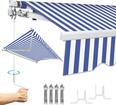 Produktbild von Faziango 250x200cm Sonnenmarkise Gelenkarmmarkise Aluminium Markise Klemmarkise mit Handkurbel Balkonmarkise Sonnenschutz Blau Weiß