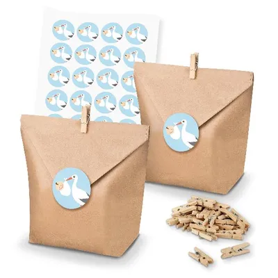 Produktbild von itenga SET 24x Geschenktüten + Klammern Storch mit Baby (Motiv 141)