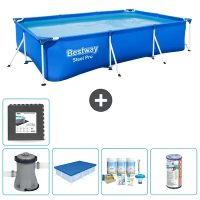 Produktbild von Bestway Rectangular Steel Pro Swimmingpool – 300 x 201 x 66 cm – Blau – inklusive Pumpe Abdeckung - Wartungspaket - Filter - Bodenfliesen