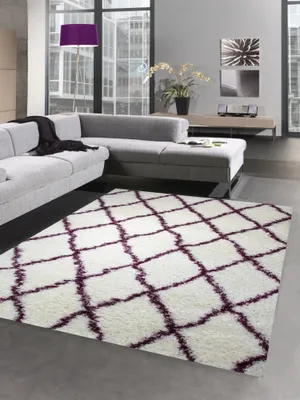 Produktbild von Shaggy Teppich Wohnzimmerteppich Hochflor Langflor Rauten creme lila Größe - 80x150 cm