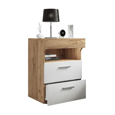 Productafbeelding van SlepalL nachtkastje 2 laden 1 plank eik decor, wit.
