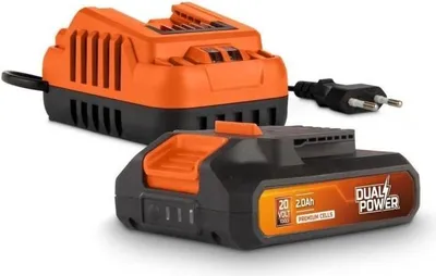 Immagine prodotto di Batteria e caricabatteria Dual Power, 20 V 2,0 Ah, caricabatteria 2 A, Li-ion, compatibile con utensili a batteria 20 V, arancione e nero