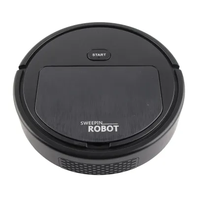 A black robot vacuum cleaner is shown from a top-down perspective on a white background.