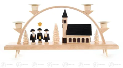 Produktbild von Schwibbogen natur mit Kirche u.Kurrende für Wachskerzen d=14mm Breite x Höhe x Tiefe 32,5 cmx16,5 cmx5,5 cm