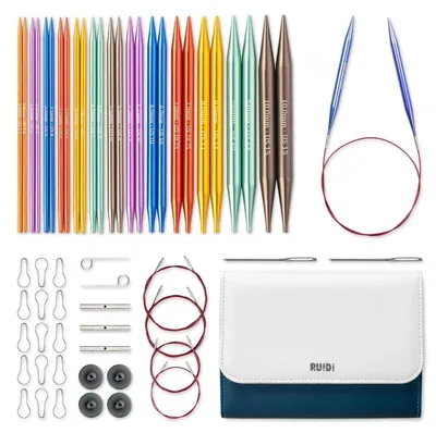 Immagine prodotto di Set di ferri da maglia circolari intercambiabili, 13 paia con custodia e accessori | Misure da 3,0 mm a 10 mm, punte in alluminio da 13 cm, 4 cavi flessibili