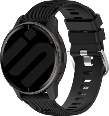A black smartwatch with a black silicone strap is shown against a white background.