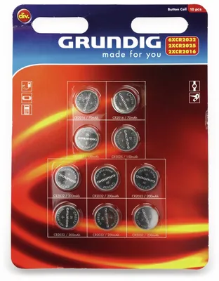 Imagen del producto de Juego de pilas de botón Grundig, modelos CR2016...CR2032, tecnología Li-MnO2, juego de 10 unidades