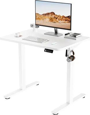 Productafbeelding van Elektrisch Zit-sta Bureau 80x60 cm met geheugenfunctie en haken, wit, computerbureau voor op kantoor