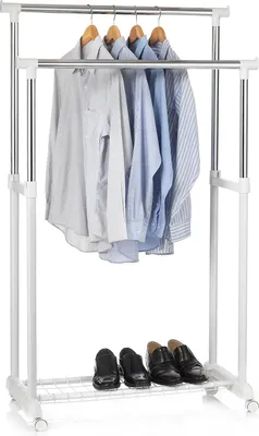 Produktbild von Garderobenwagen GROSSO Kleiderständer Rollgarderobe Garderobenständer , mit Schuhablage, 2 Kleiderstangen, höhenverstellbar, Metallrohr verchromt, in weiß