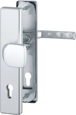 A close-up view of a silver-colored door handle set with a keyhole.