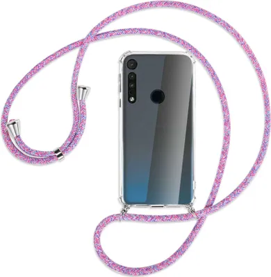 Produktbild von Handykette Backcover-Schutzhülle mit Band (Metall silberfarben) für Motorola One Macro - lila/rosa/blau