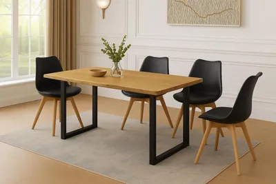 Produktbild von 5 TLG. Essgruppe Josy | Esstisch mit 4 Stühlen | 120x80 cm mit Baumkante | Holz Wildeiche-Optik | 40 mm Platte | U-Gestell Schwarz | 4X Schalenstuhl Schwarz + Buche-Gestell