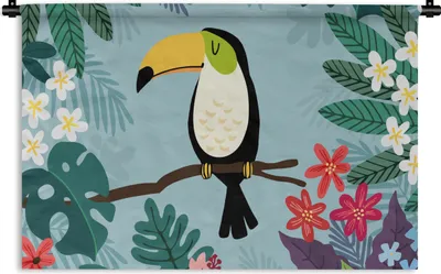 Produktbild von MuchoWow® Wandteppich Wandbehang Tukan - Illustration - Pflanzen 90x60 cm Tapisserie Dekoration Wandtuch - Wandskulpturen - Bildteppich