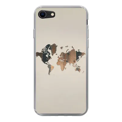 Produktbild von MuchoWow® Handyhülle Schutzhülle Hülle für iPhone SE 2020 Weltkarte -Holz - Regal Silikon Softcase Handy Hülle - Kartenbesitzer