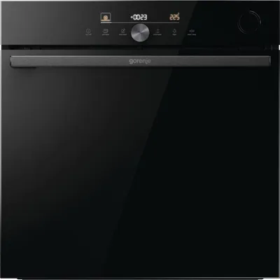A front view of a black Gorenje oven.