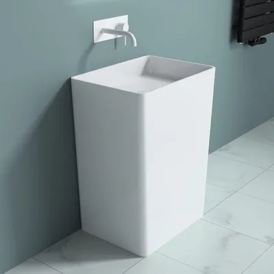 Image de doporro Lavabo sur Pied Blanc Vasque Colonne en Fonte Minérale Lave Mains Rectangulaire pour Salle de Bain 48x35x85cm Colossum36