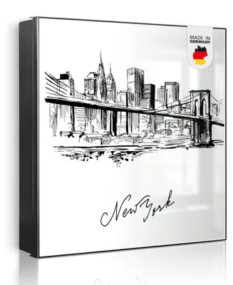 Zdjęcie produktu dla banjado metalowa szafka na klucze, duża 30x30 cm z 32 haczykami, może służyć jako tablica magnetyczna, czarny korpus, zawias po prawej stronie, New York Skizze [SKG1 11722]