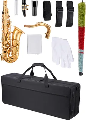 Image de SucceBuy saxophone ténor en si bémol majeur, ensemble de saxophone en laiton avec étui de transport, bec, sangles, chiffon de nettoyage, gants et bandoulière, saxophone à 23 touches pour débutants et élèves, or
