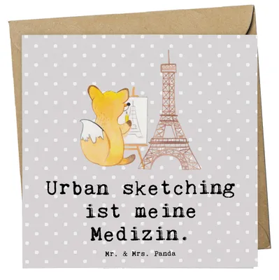 Produktbild von Mr. & Mrs. Panda Grußkarte Fuchs Urban sketching - Grau Pastell - Geschenk, Zeichenschule, Künstler, Zeichnen, Klappkarte, Glückwunschkarte, anlasskarte, doppelkarte