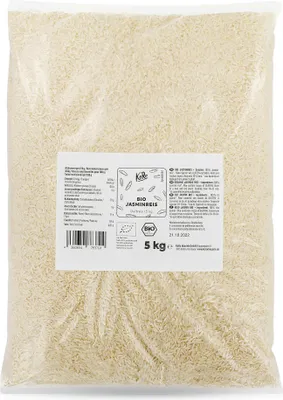 A bag of jasmine rice on a white background.