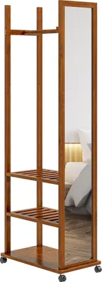 Obrázok produktu pre HOMCOM Stojace zrkadlo, celoplošné zrkadlo so stojanom, 24,8 x 153,8 cm Šatníkové zrkadlo s kolieskami, šatníková skriňa s 3 úrovňami, tyč na šaty, do obývačky, spálne, orech