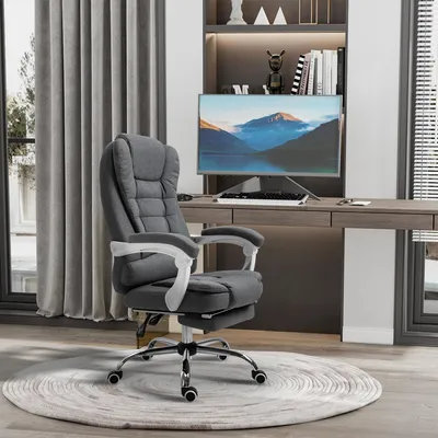 Zdjęcie produktu dla Krzesło biurowe Vinsetto, ergonomiczne krzesło biurowe z podłokietnikiem i podnóżkiem, regulowane na wysokość, obrotowe, o wyglądzie lnu, wyściełane krzesło komputerowe, szare