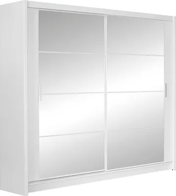 Produktbild von Furniture24 Kleiderschrank Dakota 160 Schlafzimmer 2 Türiger Schwebetürenschrank Schrank mit Kleiderstange 4 Einlegeboden und Spiegel Weiß Schiebetür