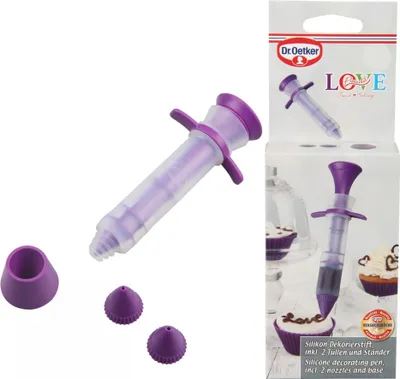 Image de Oetker en silicone Flexxibel Love, avec deux douilles et un support, pour décorer avec du chocolat ou du glaçage, écrire et décorer des pâtisseries, (couleur : blanc/lilas)