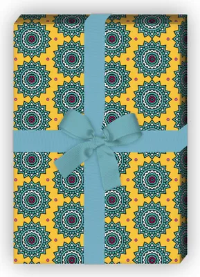 Produktbild von Edles Ethno Geschenkpapier mit Sternen Muster auch zu Weihnachten, gelb  - G8789, 32 x 48cm