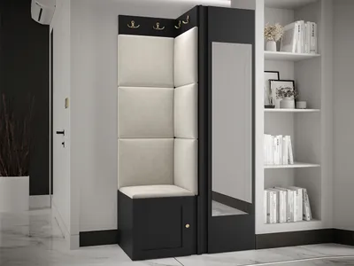 Produktbild von MIRJAN24 Garderoben-Set Orion Ramiro XXVI, Kleiderschrank, Schuhschrank, Kleiderhakenbrett, 7x Paneel 42x42, Spiegel, 6 Kleiderhaken, Metallgriffe (Farbe: Schwarz, Manila 02)