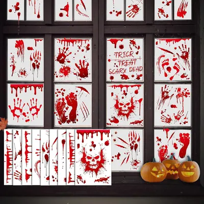Produktbild von Halloween-Fensteraufkleber, selbstklebend, 9 Stück. Wiederverwendbare Horror-Fensteraufkleber mit blutigen Hand- und Fußabdrücken. Halloween-Dekorationen