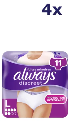 Image de 4 paquets de Always Discreet - culottes pour fuites urinaires - taille L - 11 pièces