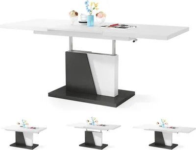 A modern dining table with a lift-top mechanism and a two-tone base, shown in a studio setting. Below the main image are three smaller images showing the table in different configurations or color variations.