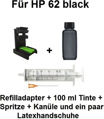 A flat lay image showing a refill kit for HP printer cartridges, including a refill adapter, a bottle of black ink, a syringe, a needle, and a pair of latex gloves.