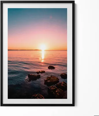 Produktbild von Felsen bei Sonnenuntergang– Wandbild mit Rahmen – Gerahmtes Bild  – Wanddekoration – 70x100 cm –  Schwarz Rahmen