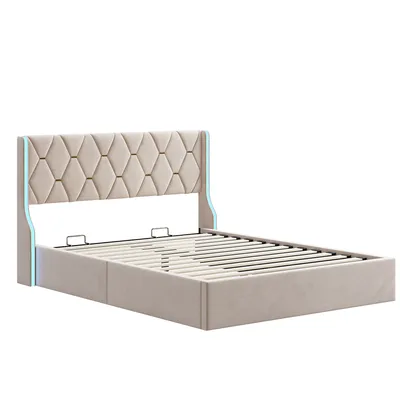 Image de Lit Coffre 160x200 Cm Avec Rangement Et LED,cadre De Lit Avec Sommier à Lattes,velours,beige