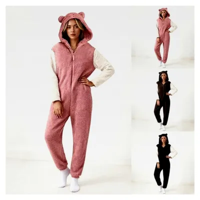 Produktbild von Damen Schlafanzug aus Teddyfleece Jumpsuit Weicher Hausanzug Winteranzug Kuscheliger Warmer Overall Einteiler Onesie Elegante Loungewear Mit Kapuze Strampler Lang Pyjama