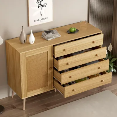 Produktbild von Sideboard Rattan Kommode mit 4 Schubladen und 1 Tür Holzseitenschrank, Esszimmer Anrichte Küchenschrank Breite 120cm