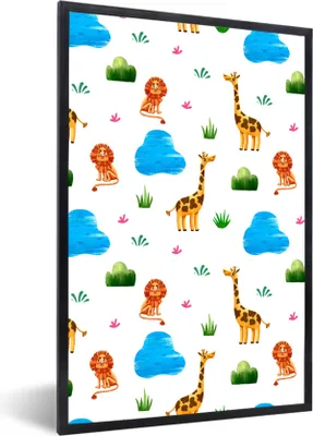 Produktbild von MuchoWow® Gerahmtes Poster Löwe - Giraffe - Tiere - Vorlage 20x30 cm - Poster mit Schwarzem Bilderrahmen Wandposter Rahmen Foto Bilder - Drucken - Bilder Poster im Rahmen