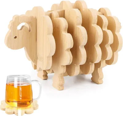 Produktbild von Holzuntersetzer-Set – Set mit 5 Stück – Untersetzer mit Schafmotiv – Untersetzer-Set für Gläser, Getränke, Stiele, Tassen und Gläser – Untersetzer-Set