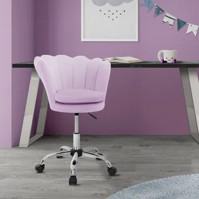 Produktbild von ML-Design Bürostuhl aus Samt Lila, Schminktisch Stuhl mit Muschel-Rückenlehne, Drehstuhl mit Rollen, Schreibtischstuhl höhenverstellbar Drehhocker
