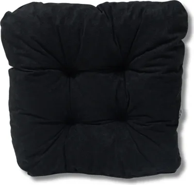 A black tufted seat cushion is shown from the front on a white background.