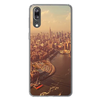 Produktbild von MuchoWow® Handyhülle Schutzhülle Hülle für Huawei P20 New York - Skyline - Gold Silikon Softcase Handy Hülle - Hardcover