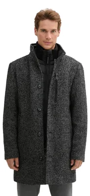 Obrázek produktu pro Pánský vlněný kabát značky Tom Tailor s knoflíkovou zapínkou, model 36082 - černý s puntíkovaným vzorem "herringbone", velikost M