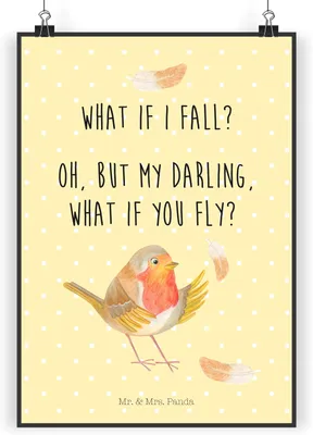 Produktbild von Mr. & Mrs. Panda Bild Rotkehlchen Federn DIN A4 - Gelb Pastell - Geschenk, fliegen, wanddeko, Lustige Sprüche, Motivation, Plakat, Spruch, Posterdruck, Mut, Vogel