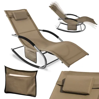 A collage of images showing a brown rocking lounge chair from different angles, including a close-up of a side pocket and a detached headrest.